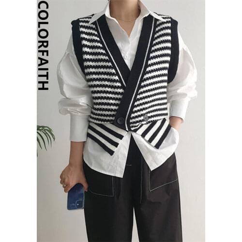 Colorfaith 2021 New Spring Autumn Women Sweaters Striped Sleeveless Vest Waistcoat Knitted Vintage Wild Short Tops SWV3085JX