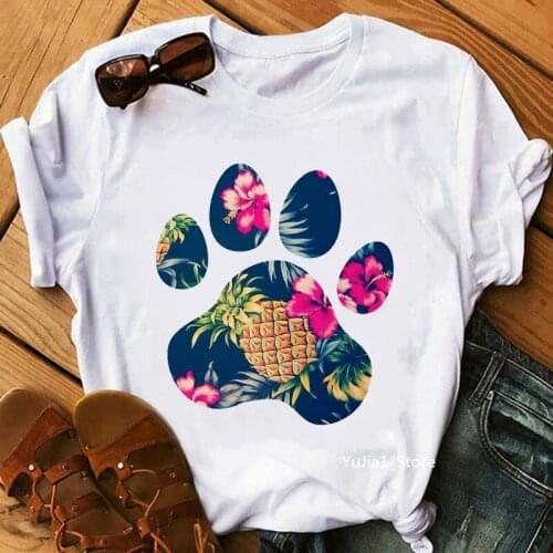 Pineapple Flower Cat Paw Print T-Shirt Women Clothes 2021 Funny White Tshirt Femme Harajuku Kawaii T Shirt Female Summer Tops