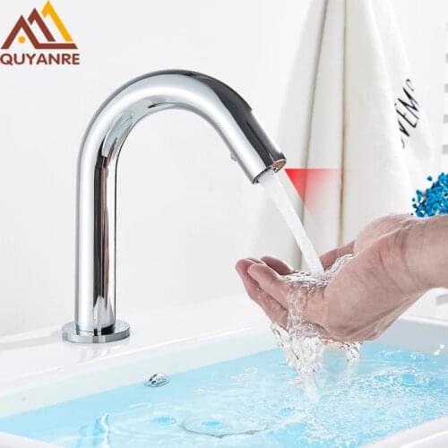 Quyanre Chrome Sensor Basin Faucet Touchless Basin Mixer Handsfree Faucet Inductive Electric Plug Hot Cold Water Mixer Tap Crane