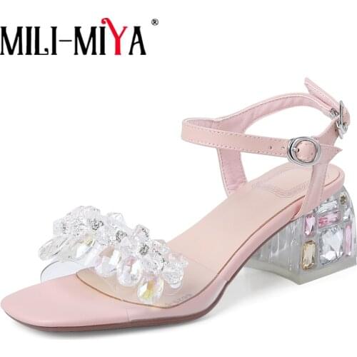 MILI-MIYA Summer Thick High Heels Crystal Women Ankle Strap Sandals Transparent Gemstone Open Toe Fashion Bride Pregant Shoes