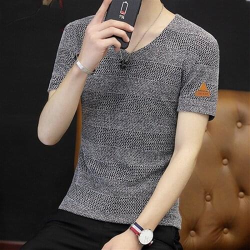 Mens ice silk short sleeve T-shirt hollow out knitted spring and summer slim fitting V-neck Korean thin upper garment