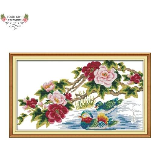 Joy Sunday Mandarin Ducks Playing in The Water Home Decoration D524(4) 14CT 11CT Stamped Counted Animal Cross Stitch Kit