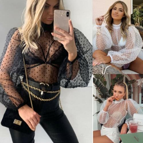 New Fashion Sexy Women Mesh Puff Long Sheer Sleeve Tops Pullover Blouse Shirts Casual Party