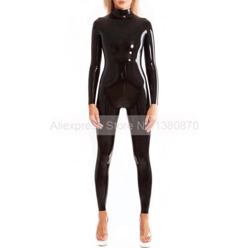 Solid Black Rubber Latex Women Zentai Catsuit With Back Zip Bodysuit Handmade S-LC197