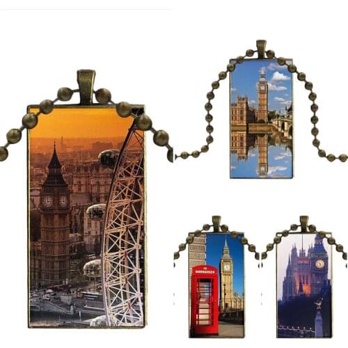 For Girls Wholesale London Big Ben With Aluminum Frame Fashion Glass Cabochon Pendant Rectangle Necklace Choker Necklace Jewelry