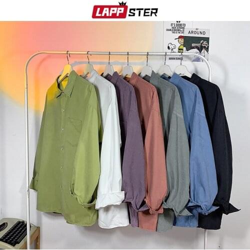LAPPSTER Men Colorful Solid Button Up Shirts 2021 Mens Harajuku Japanese Streetwear Shirts Male Vintage Baggy Long Sleeve Shirts