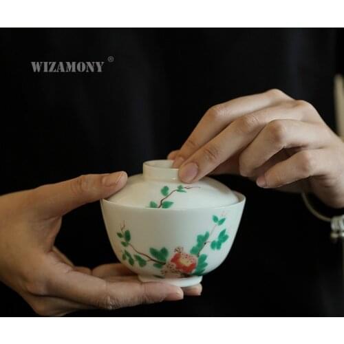Jingdezhen Hand-Painted Cover Bowl Kung Fu Tea Set Ceramic Hand Bowl Large Literati Space Retro Painted Tea Bowl
