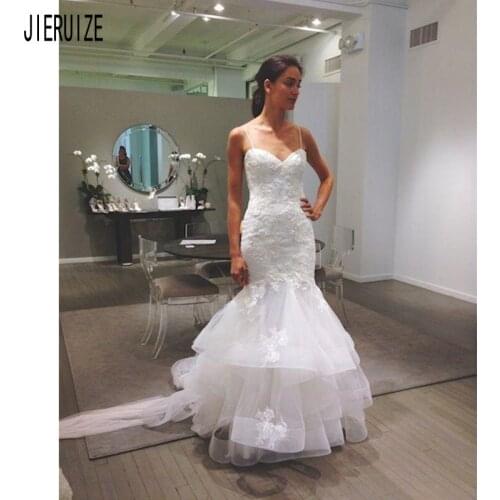 JIERUIZE Sexy Beach Mermaid Wedding Dresses Spaghetti Straps Backless Bridal Gowns Organza Tiered Appliques vestidos de novia