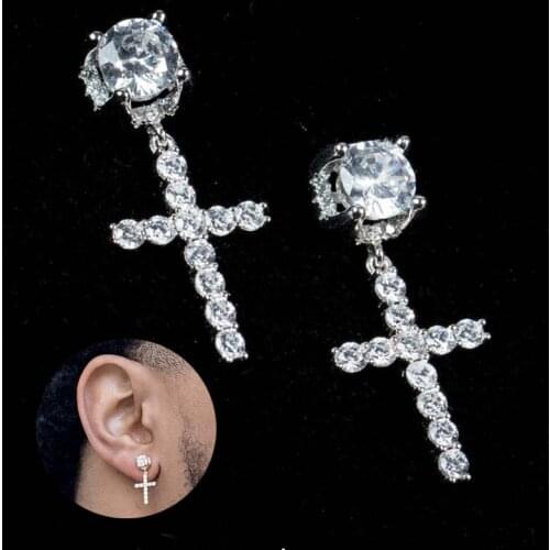 Punk Gold/Silver Color Cross Stud Earrings Hip Hop Rhinestone Piercing Studs For Women Men Ear Accessories Fashion Jewelry 2021
