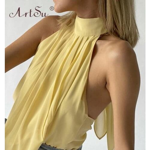 ArtSu Sexy Backless Solid Halter Women Tank Top 2021 Bandage Fashion Sleeveless Summer Tops Office Lady Shirt High Street