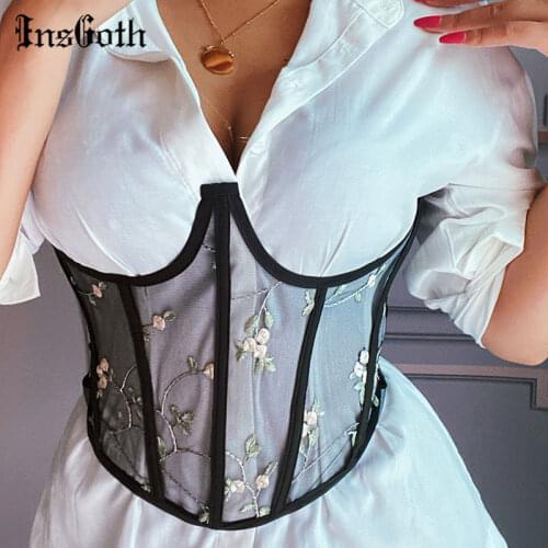 InsGoth Aesthetic Embroidery Black Corset Vintage Bandage Mesh Waist Trainer Mall Goth Accessories Punk Streetwear Women Corsets