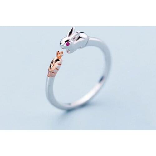 Real 925 Sterling Silver Fashion Creative Cute Mini Rabbit Carrot Adjustable Size Open Ring for Women Girls Mujer Anillos SR005