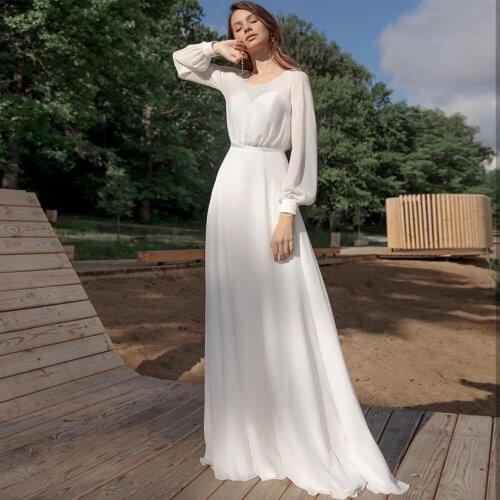 Elegant Bech Chiffon Floor Length Long Sleeve Wedding Dress 2021 O-Neck Corset High Quality Bridal Gowns Vestido De Novia