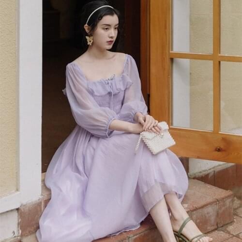 Cottage Style Lavender & Green Chiffon Spring Dress Women Vintage Square Collar Elastic Sweet Princess Dresses Vestido Playa