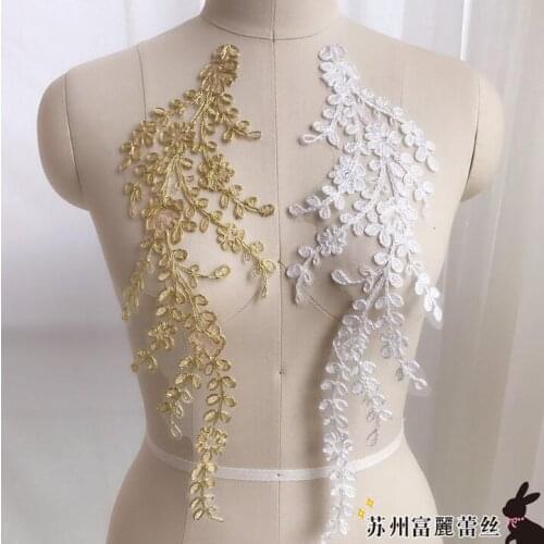 1 Pair 39*12cm High Quality Exquisite Off White Gold Mirror Pair of Lace Applique For Head Wedding Dress Decoration