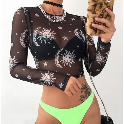 2021 Women Sexy Harajuku Mesh Tops Long Sleeve See Through T Shirt Transparent Sun Moon Star Print T-shirt Femininas Clubwear
