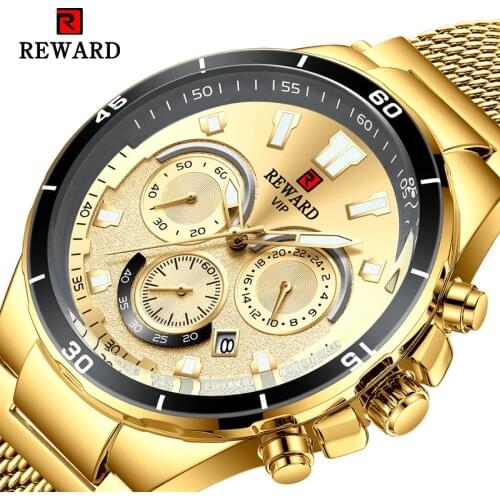REWARD Luxury Golden Quartz Watches for Men Clock Luminous Hands 3 Small Dial Display Business Watch Montre Homme 2020