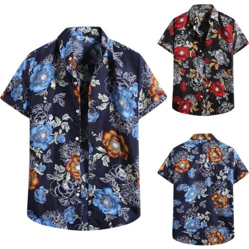 Mens Shirts Short Sleeve Hawaiian Beach Flower Shirt Casual Vintage Print Cardigan Button Turn-Down Collar Shirt Mens Clothing