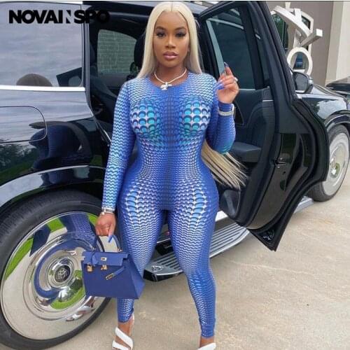 NOVAINSPO O Neck Long Sleeve Skinny Fitness Bodycon Jumpsuits Printing Fashion Casual Sporty Streetwear One Piece Tight Jumpsuit