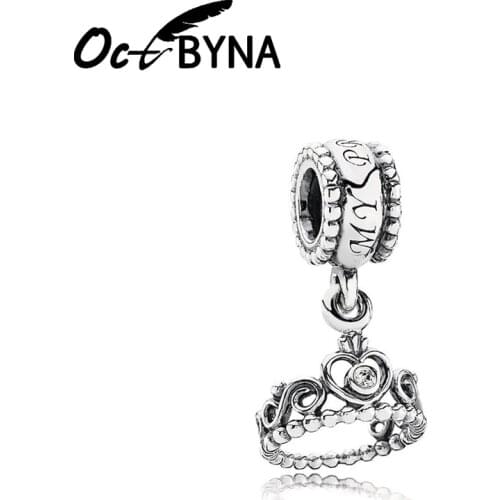 Octbyna Silver Color Princess Crown Crystal Charms Bead Pendant Fits Pandora Bracelet Necklaces Chain Jewelry Making For Women