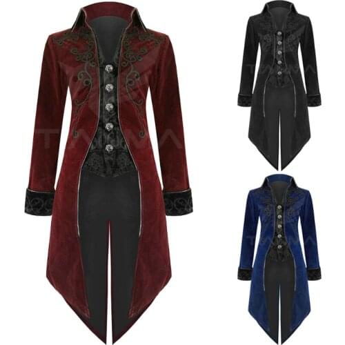 New Mens Medieval Retro Gothic Mid-Length Coat Renaissance Punk Lapel Pattern Gentleman Role Play Halloween Carnival Costume