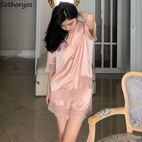 Pajama Sets Women Lace Patchwork Solid Simple Short Sleeve Lounge Wear V-neck Cozy Temperament Button Up European Style Casual