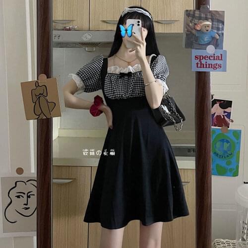 HOUZHOU Maid Dress Woman Summer Black Kawaii Plaid Mini Dresses Sweet Cute Lace Preppy Style Lolita Vintage Streetwear Outfits