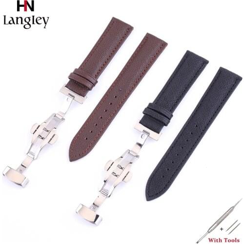 Cross grain leather Watchband For Men Women Watches 12mm 14mm 16mm 18mm 20mm 22mm 24mm Double press automatic butterfly buckle