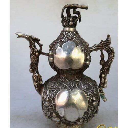 Antique QingDynasty Handmade silver Gourd teapot / jug,Hand-carved crafts,best collection& adornment