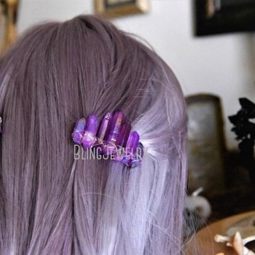 The Nebula Purple Quartz Hair Clips Raw Stone Hair Barrettes, Bridal Hair Accessories HJ27802