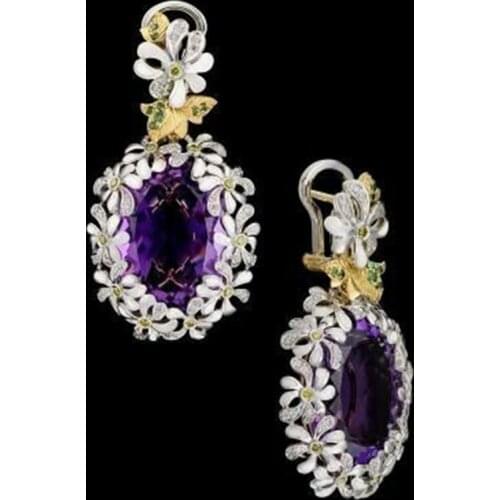 Vintage Dark Purple Oval Stone Dangle Earrings Daisy Flower Drop Earrings For Women Color Dainty Pendant Jewelry Mujer Z5M111