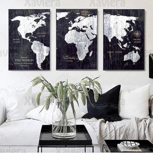 Vintage Black And White World Map Posters HD Big Printing Canvas Paintings Home Decoration Living Room Interior Wall Art Mural