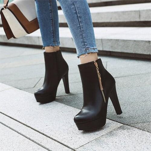 2019 New Women Ankle Boots Platform High Heels Zipper Round Toe Winter Ladies Buckle Boots Woman Shoes botas mujer size 34-43