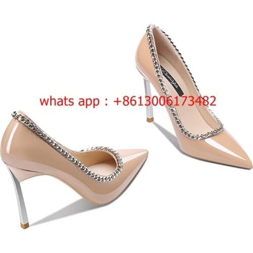 New patent leather pointed toe high heel stiletto woman sexy chain metal 10CM high heel stilettos