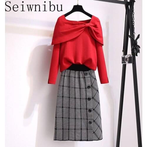 2021 Spring Winter Set Women Long Sleeve O-Neck Bowknot Knitted Sweater + A-Line Plaid Skirts Suit Women Two Piece Set