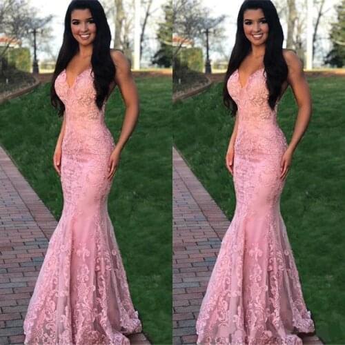 Sexy Pink Lace Mermaid Evening Dresses Long V Neck Formal Dress Evening Gowns For Women Robe De Soiree