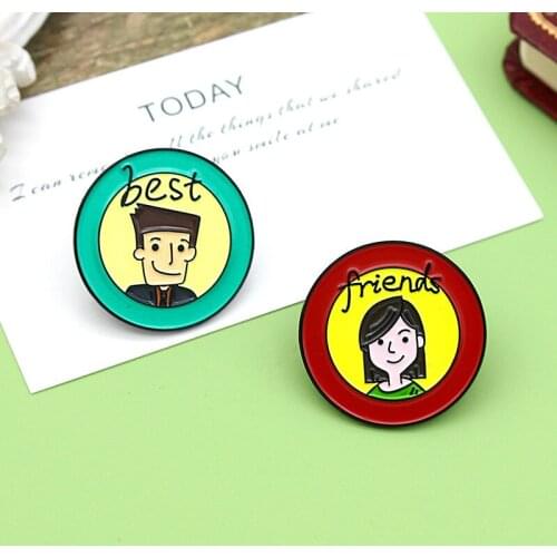 2/Set Cartoon Best Friends Round Enamel Brooch Boy Girl Head Portrait Couple Pins Alloy Badge Sweet Cute Woman Jewelry Gift