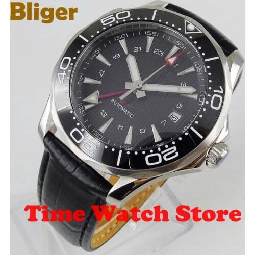 2019 New 41mm Bliger GMT Automatic watch men 3ATM waterproof Black dial leather strap ceramic Bezel luminous sapphire 863