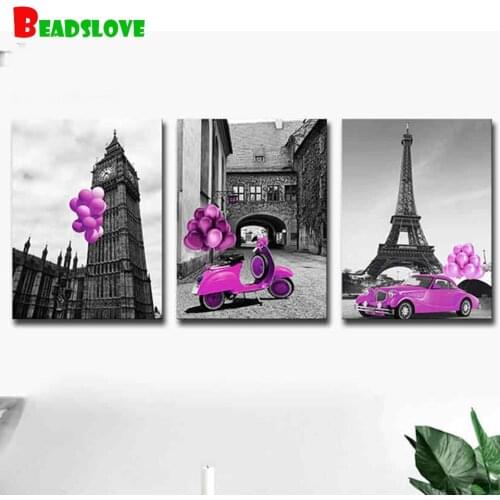 3 Piece Diamond Embroidery Classic French architecture Car Romantic Painting Full Diamond Painting Wall Art,Triptych,B68