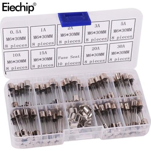 72pcs 6x30mm Fast-blow Glass Fuses Quick Blow Car Glass Tube Fuses Assorted Kit 0.5A 1A 2A 3A 5A 10A 15A 20A 30A Amp 6*30 Fuse