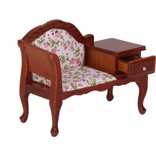 Wood 1/12 Scale ollhouse Miniature Furniture Wooden Floral Recliner w/ Drawer Pretend Play Doll House Decor Gift Classic Toys