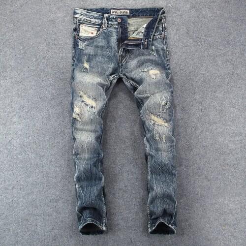Streetwear Fashion Men Jeans Retro Yellow Blue Slim Fit Ripped Jeans Men Destroyed Patchwork Designer Hip Hop Denim Punk Pants
