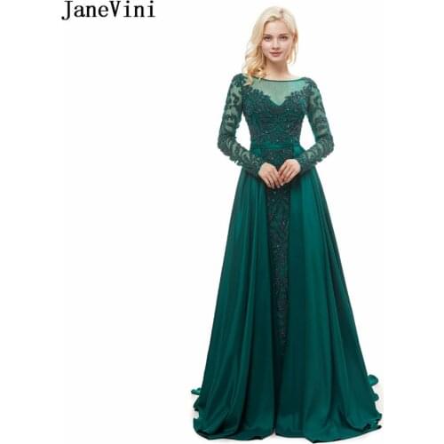 JaneVini 2018 Elegant Long Sleeves Dark Green Mermaid Bridesmaid Dresses Scoop Neck Sweep Train Luxury Beading Satin Prom Gowns