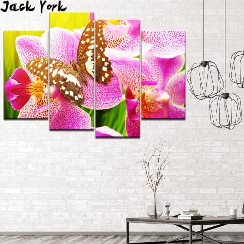 Canvas Painting Butterfly resting on the phalaenopsis 4 Pieces Wall Art Painting Modular Wallpapers Poster Print Home Decor