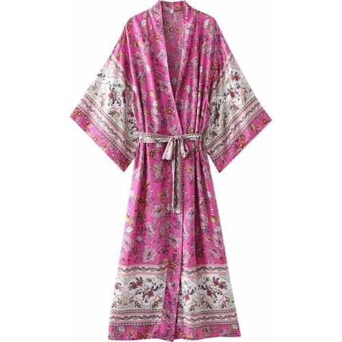 Canwedance Vintage Chic Women Floral Print Sashes Bohemian Kimono Ladies V Neck Batwing Sleeves Rayon Boho Maxi Happie Dress