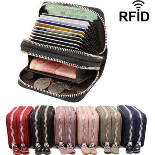 Genuine Leather Women Business Card Holder Wallet Double Zipper Bank Credit Card Case ID Holders RFID Wallet Coin Purse Red Pink