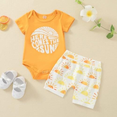 Summer Baby Girl Casual Cute Clothes Set Letter Print Short Sleeve O-neck Romper + Sun Print Elastic Waist Short Pants