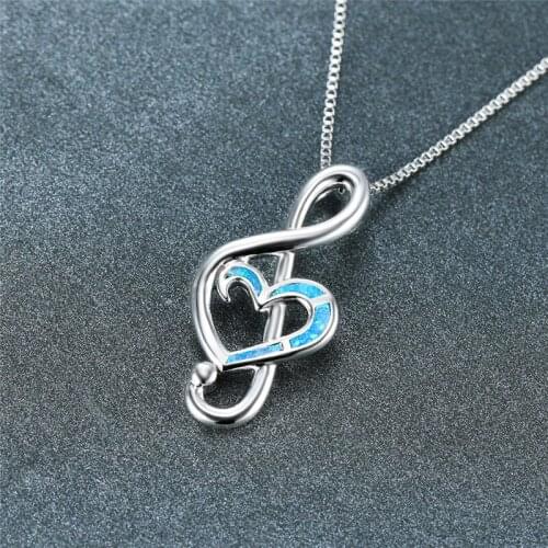 Cute Music Symbol Small Pendant Necklace White Blue Opal Love Heart Necklace Charm Bridal Silver Color Chain Necklaces For Women