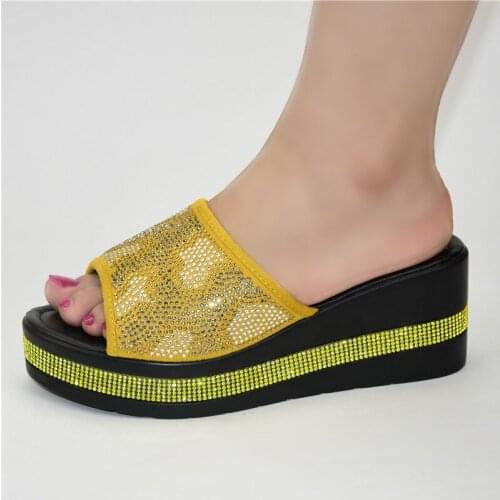 Fashion Yellow Party Pumps African Womens Wedge Heel Slipper Shoes With Rhinestones 222-6 Heel Height 6.5CM
