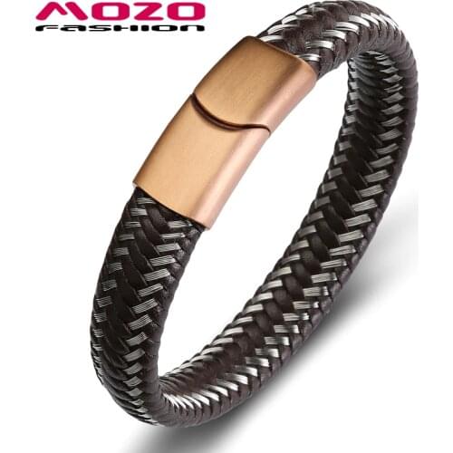 Fashion Men Steel Wire & Leather Braided Rope Bracelet Stainless Steel Magnetic Clasp Bangle Male Jewelry PS2112